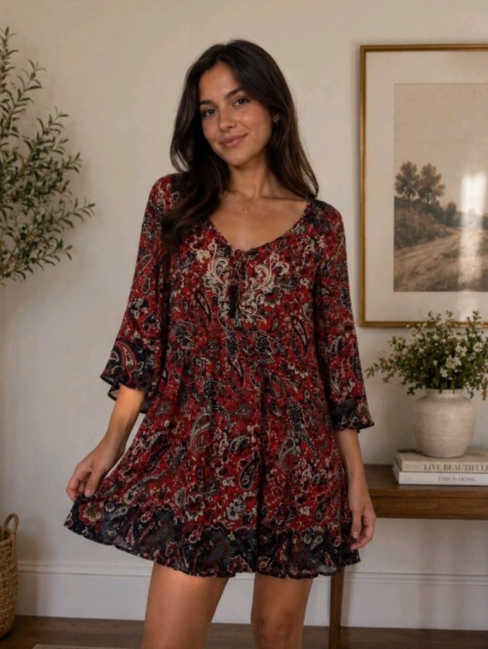 Flying Tomato Red Paisley Mini Dress with Bell Sleeves